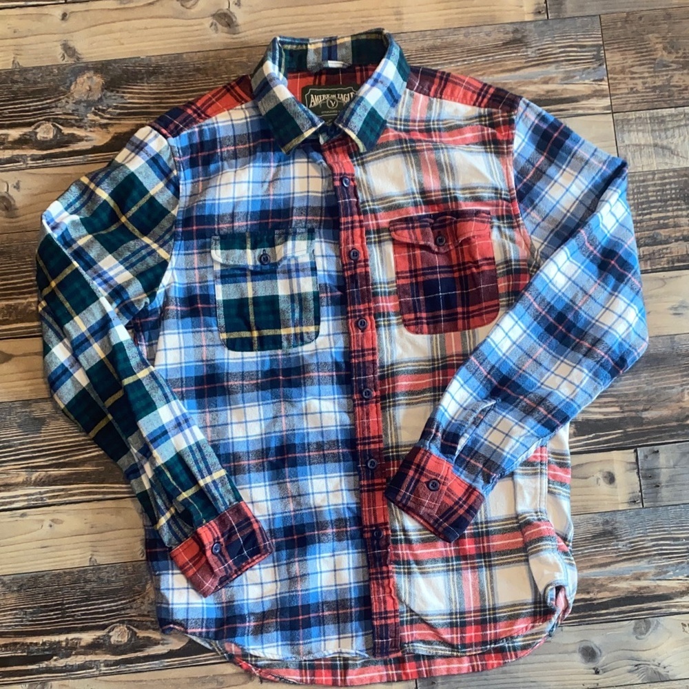 American Eagle Outfitters Mixed Print Red Blue Green Plaid Flannel Shirt